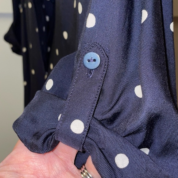 HOBBS LONDON // “Marci” Polka Dot Navy Blue Pullover Shirt Dress roll-up sleeves - Picture 7 of 11